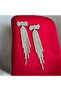 Women's Silver Color Long Model Jewelled Top with Bow Model Dangle Earrings - 2