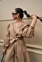 Linen Dress - Camel Color, Double Breasted Collar and Tie-Up - 3