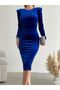 Women's Blue Velvet Padded Midi Cuff Sleeve Detailed Evening Dress 14E-2167