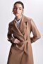 Double-Breasted Collar Sleeve Detailed Camel Leather Trench Coat 13014 - 3