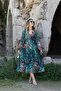 V-Neck Green Midi Chiffon Dress - Marbled Pattern - 2
