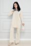 Collared Knitwear Set with Denim Detail and Pearls - Beige