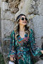 V-Neck Green Midi Chiffon Dress - Marbled Pattern - 5