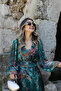 V-Neck Green Midi Chiffon Dress - Marbled Pattern - 3
