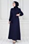 Pearl Detailed Belted Hijab Dress-Navy Blue - 3