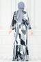 Mixed Pattern Belted Viscose Dress-Grey - 5