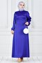 Satin Evening Dress - Stone Detailed Lace Up, Cobalt Blue - 2