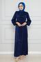 Sude Side Laced Satin Evening Dress-Navy Blue - 2
