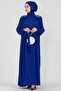 Embroidered Shoulder Waist Belted Hijab Dress-Sax Blue