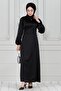Lace-Up Satin Evening Dress with Stone Detail - Black - 2