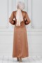 Satin Evening Dress with Stone Detail on the Laces-Mink - 5