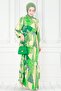 Mixed Pattern Belted Viscose Dress-Green - 2