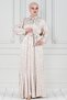 Shirt Collar Stone Detail Satin Evening Dress - Beige - 2