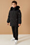Black Fur Lined Sleeve Pocket Detailed Boy's Hooded Coat 19058 - 3