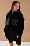 Black Hooded Girl's Plush Cardigan with Chest Pockets 19499 - 3