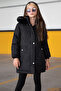 Black Fur Lined Girl's Coat with Detachable Hood 19053