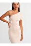 90221 Asymmetrical Draped Knit Dress- Light Beige - 3