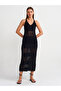 90213 V Collar Cross Straps Back Scrolled Knitwear Dress-Black