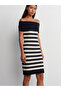 90232 Bardot Collar Striped Knitwear Dress-Black-Cream - 3