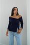 Navy Blue Boat Neck Buttoned Front Blouse - 2
