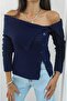 Navy Blue Boat Neck Buttoned Front Blouse - 4