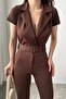 Women's Brown Collared Jumpsuit with Belt - 4