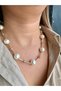 Pearl Beaded Rowed Gold Bar Plate Detail Necklace