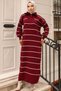 11038-14 Striped Knitwear Dress with Zipper Detail on the Collar, Burgundy