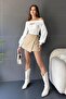 Women's White Boat Neck Low-Cut Detailed Blouse with Cuffed Sleeves - 4