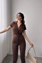 Women's Brown Collared Jumpsuit with Belt - 3