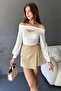 Women's White Boat Neck Low-Cut Detailed Blouse with Cuffed Sleeves - 3