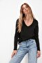 Siyah %100 Pamuk Regular/Normal Kalıp Basic V Yaka Uzun Kollu Örme T-Shirt TWOAW21TS0099 - 5