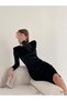 Women's Black Velvet Padded Midi Cuff Sleeve Detailed Evening Dress 14E-2163 - 4