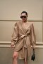 Linen Dress - Camel Color, Double Breasted Collar and Tie-Up - 2