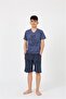 Men's Young Waiter Boy Short Sleeve Navy Blue Combed Cotton Shorts Pajama Set 20377 - 2