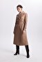 Double-Breasted Collar Sleeve Detailed Camel Leather Trench Coat 13014 - 5
