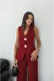 Burgundy Large Gold Buttoned Vest Pants Set - 5