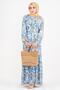 Palm Tree Patterned Coated Belted Dress-Blue - 2
