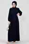 Embroidered Shoulder Waist Belted Hijab Dress-Navy Blue - 2