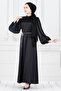Balloon Sleeve Waist Rope Stone Detailed Ece Evening Dress-Black