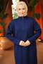 Corded Fabric Half Zipper Knitwear Dress Navy Blue Hm2520 - 2