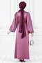 Balloon Sleeve Waist Rope Stone Detailed Ece Evening Dress-Dry Rose - 5