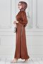 Lace-Up Stone Detailed Satin Evening Dress - Brown - 3
