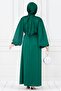 Balloon Sleeve Waist Drawstring Stone Detailed Ece Evening Dress-Emerald Green - 5
