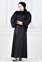 Balloon Sleeve Waist Rope Stone Detailed Ece Evening Dress-Black - 2