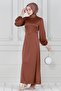 Lace-Up Stone Detailed Satin Evening Dress - Brown - 2