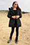 Black Fur Lined Girl's Coat with Detachable Hood 19053 - 4