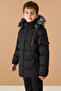 Black Crest Detailed Zipper Pocket Boy's Fur Hooded Coat 19067 - 4
