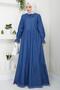 Skirt Tassel Collar Lace-Up Denim Dress Dark Blue Hm2459