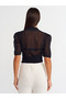 60240 Polo Collar Buttoned Openwork Knitwear Cardigan with Tie Detail - Black - 2